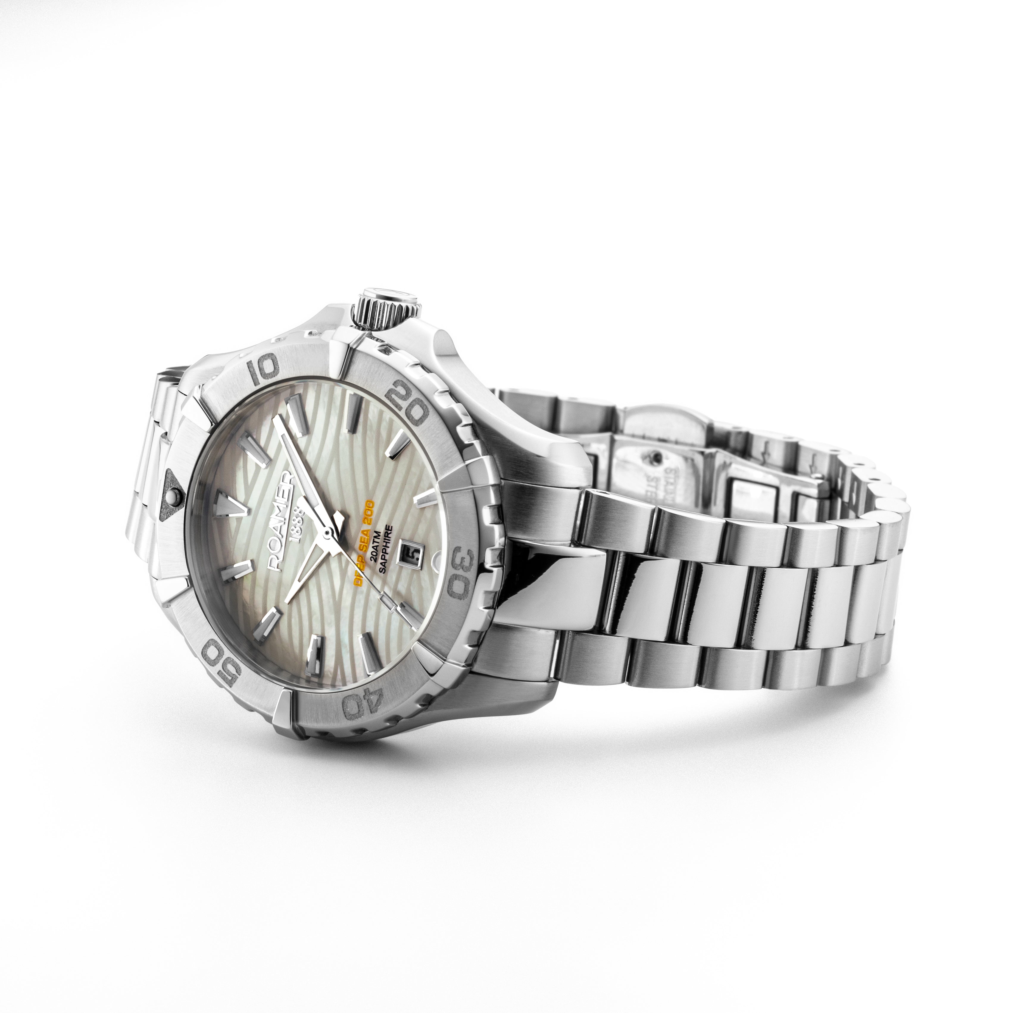 Deep Sea 200 Ladies 34 mm Quartz Three-Hand Date White Dial Silver Bracelet Sapphire glass Stainless Steel swiss watch