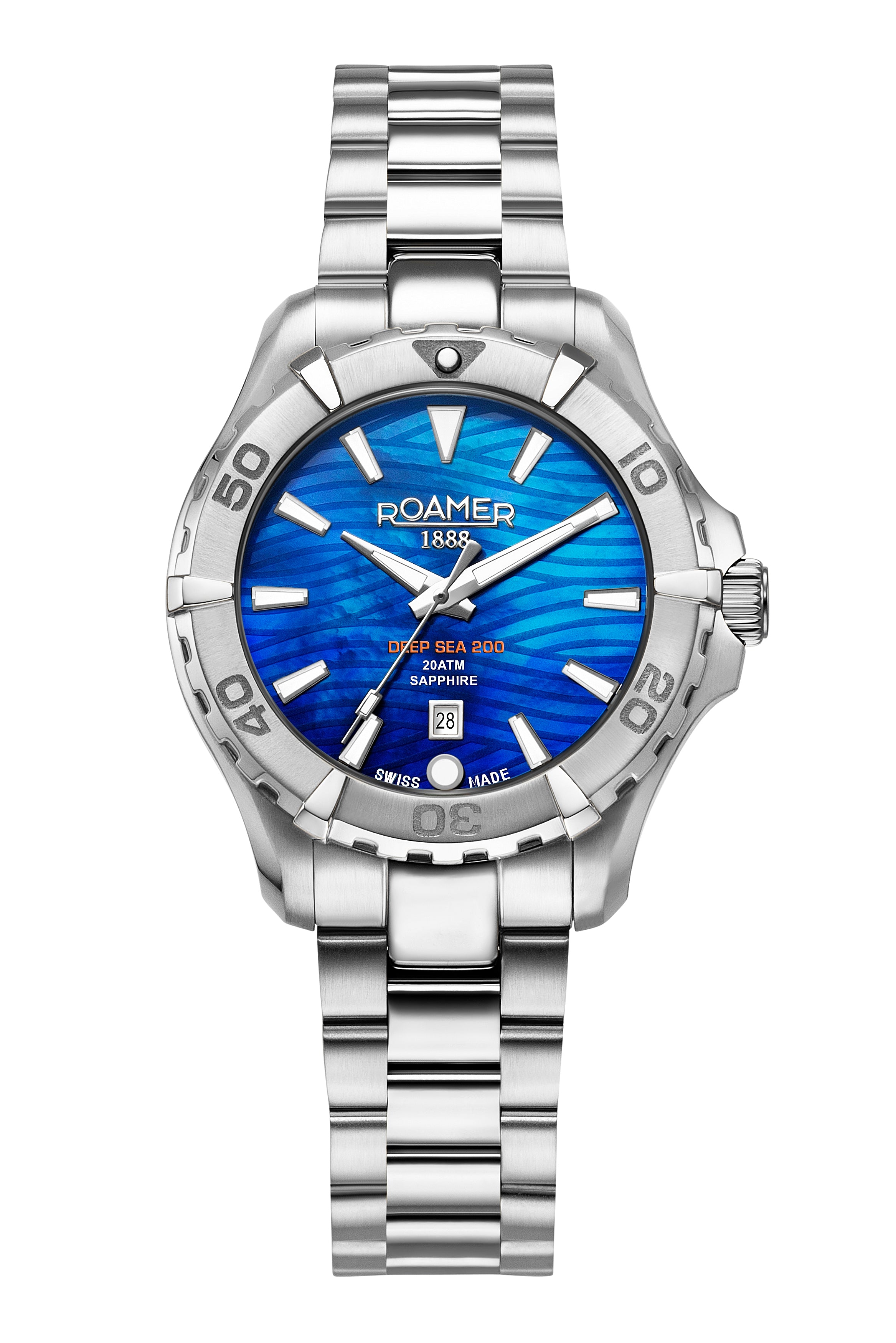 Deep Sea 200 Ladies 34 mm Quartz Three-Hand Date Blue Dial Silver Bracelet Sapphire glass Stainless Steel swiss watch