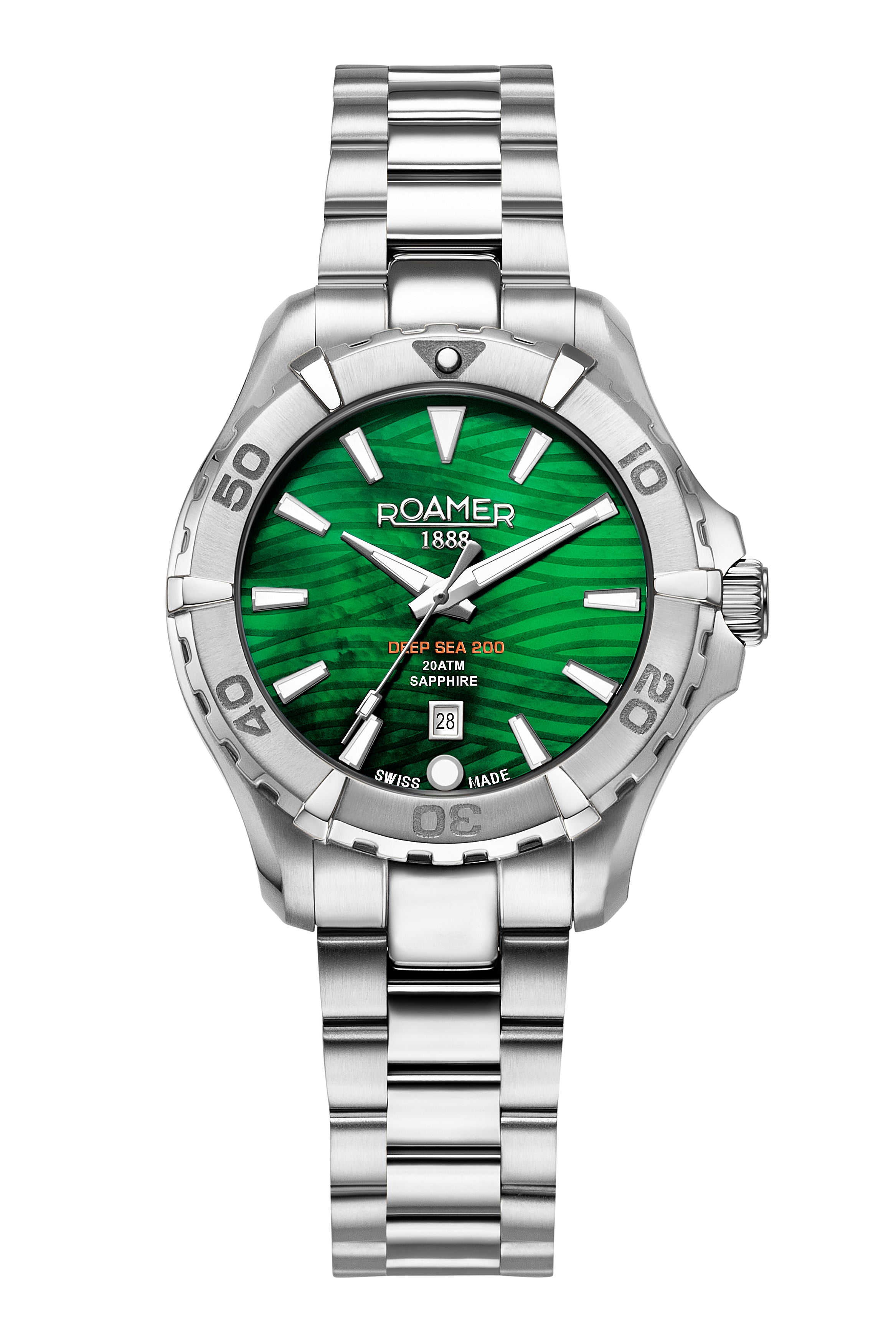 Deep Sea 200 Ladies 34 mm Quartz Three-Hand Date Green Dial Silver Bracelet Sapphire glass Stainless Steel swiss watch