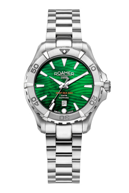 Deep Sea 200 Ladies 34 mm Quartz Three-Hand Date Green Dial Silver Bracelet Sapphire glass Stainless Steel swiss watch
