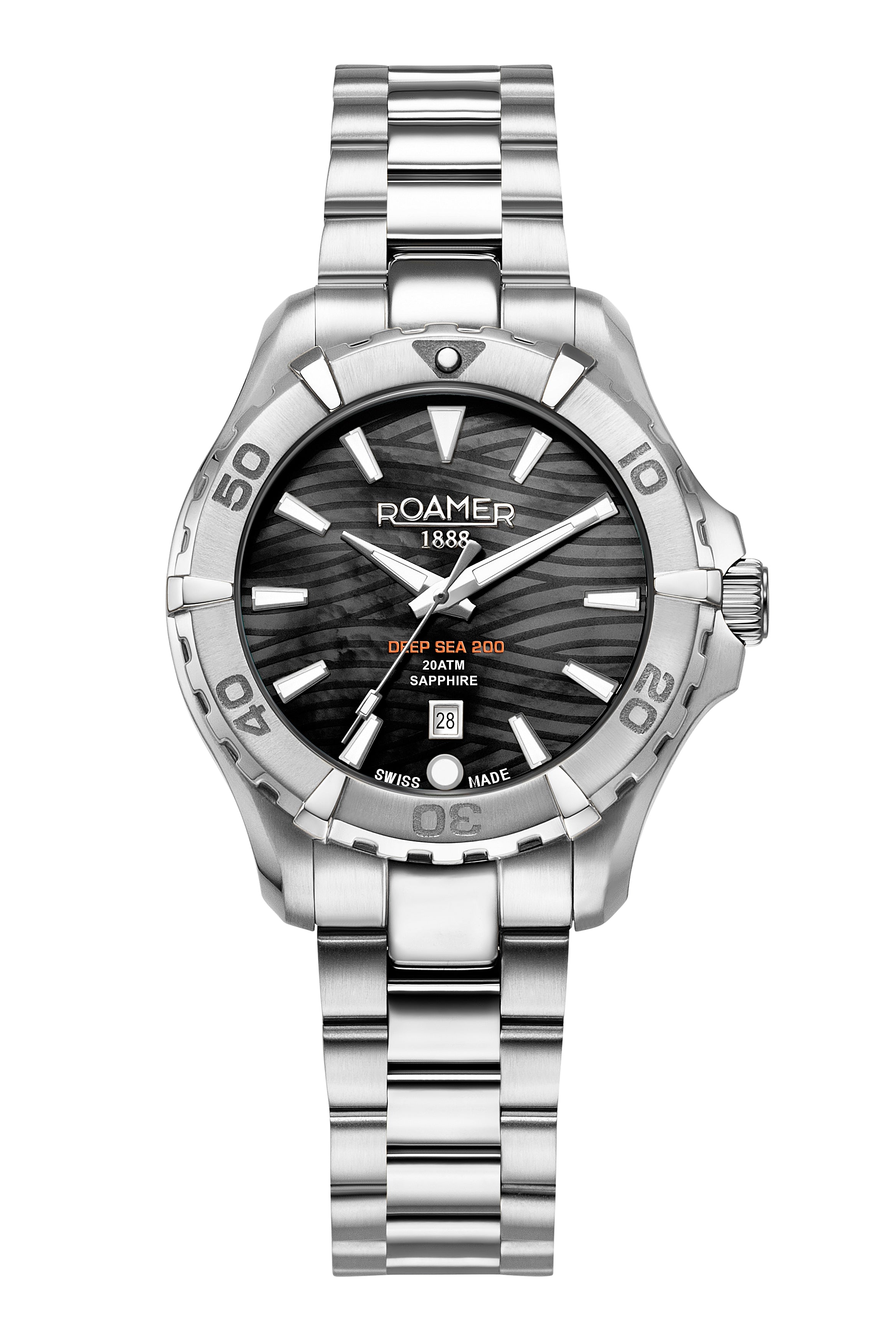 Deep Sea 200 Ladies 34 mm Quartz Three-Hand Date Black Dial Silver Bracelet Sapphire glass Stainless Steel swiss watch