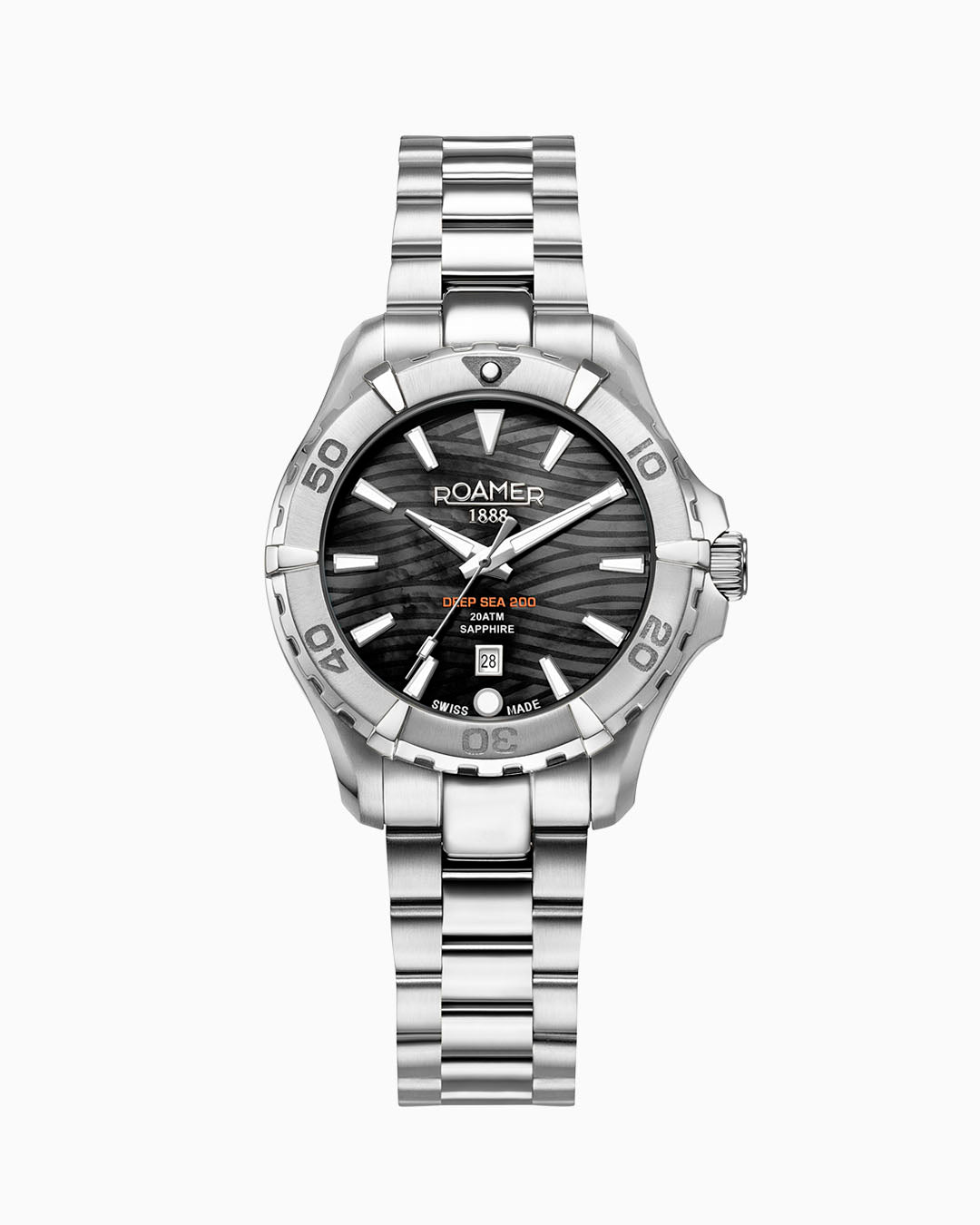 Deep Sea 200 Ladies 34 mm Quartz Three-Hand Date Black Dial Silver Bracelet Sapphire glass Stainless Steel swiss watch