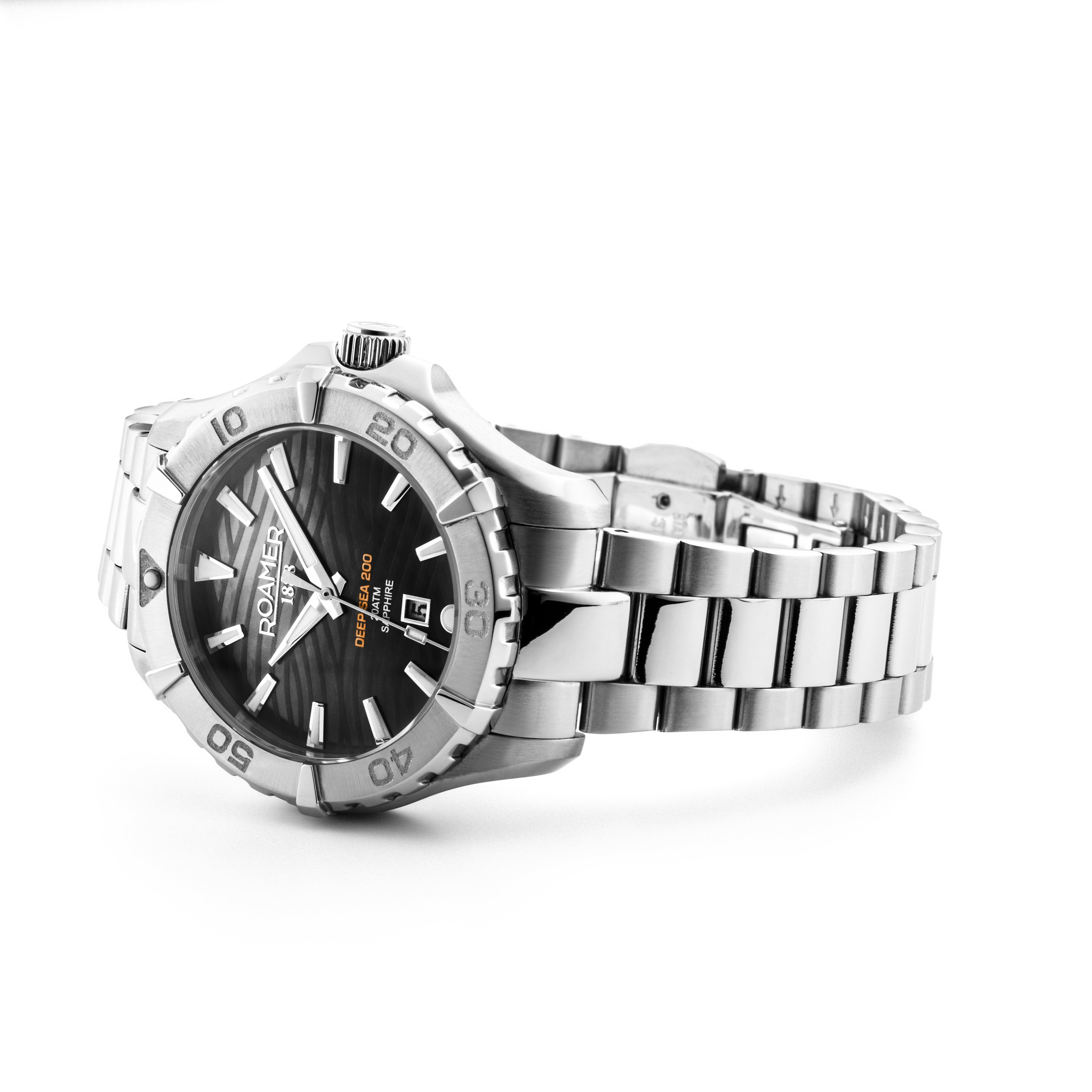 Deep Sea 200 Ladies 34 mm Quartz Three-Hand Date Black Dial Silver Bracelet Sapphire glass Stainless Steel swiss watch