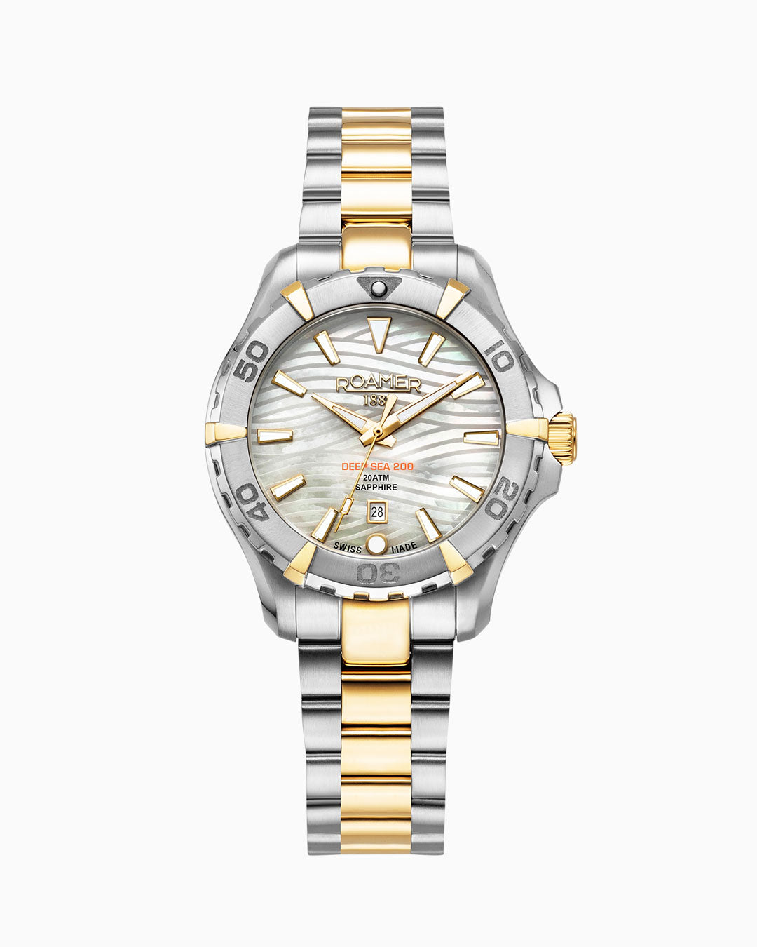 Roamer Deep Sea 200 Ladies 34mm Quartz Three-Hand Date White Dial Two-Tone Bracelet Sapphire glass Stainless Steel swiss watch
