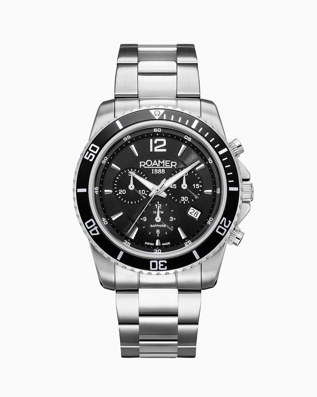 Nautic Chrono 100 43mm Chronograph Date Black Dial Silver Bracelet Sapphire glass Stainless Steel swiss watch