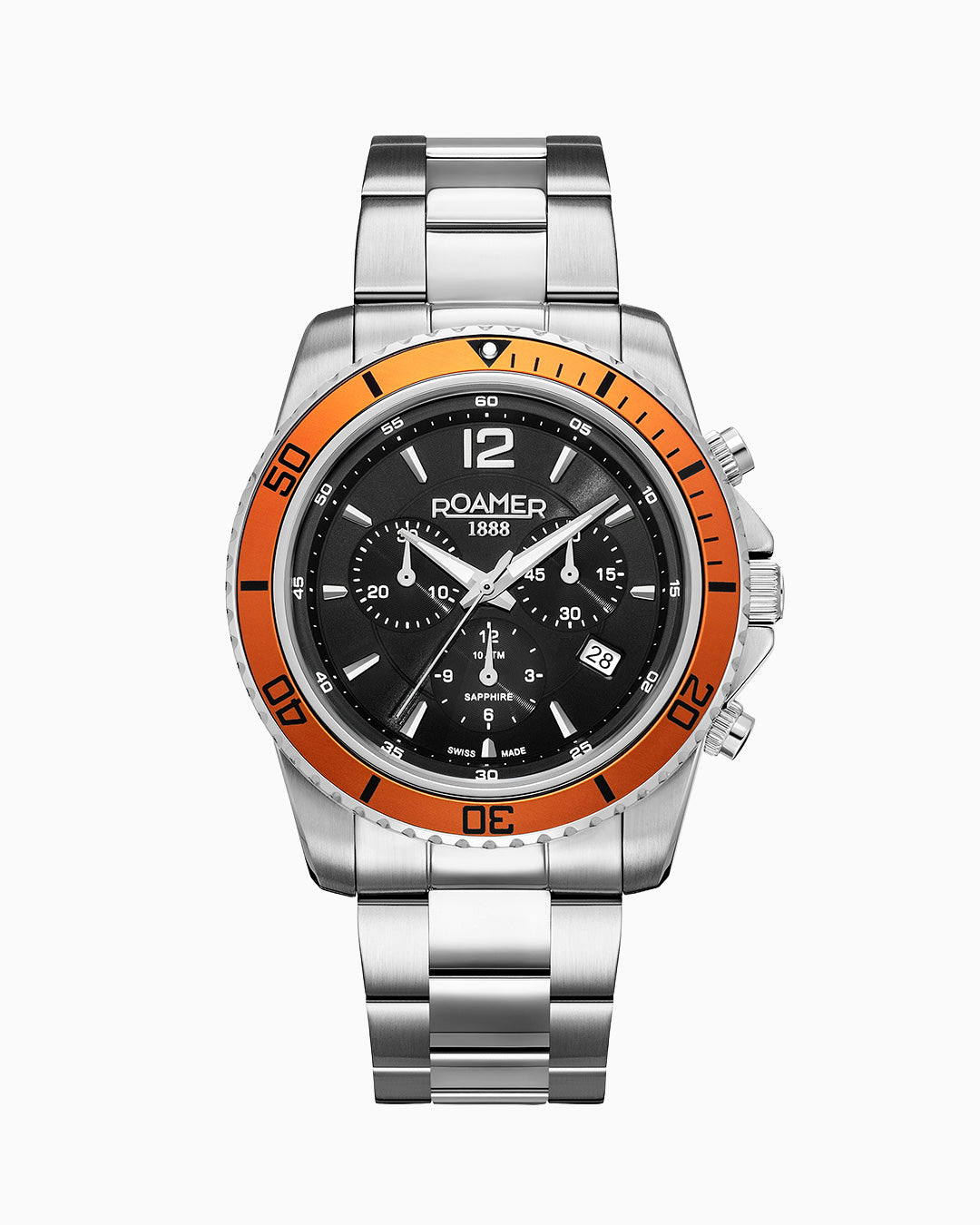 Nautic Chrono 100 43mm Chronograph Date Black Dial Silver Bracelet Sapphire glass Stainless Steel swiss watch