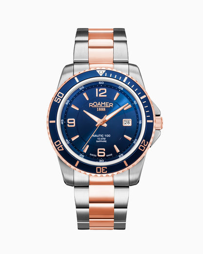 Nautic 100 43mm Quartz Three-Hand Blue Dial Rosegold-Silver Tone Bracelet Sapphire glass Stainless Steel swiss watch