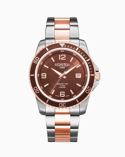 Nautic 100 43mm Quartz Three-Hand Brown Dial Rosegold-Silver Tone Bracelet Sapphire glass Stainless Steel swiss watch