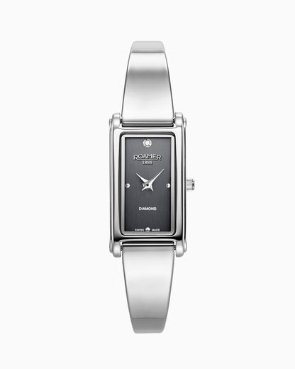 Elegance diamond 17x32mm Quartz Two-Hand Metallic Gun Dial Silver Bracelet Sapphire antireflection glass  Stainless Steel swiss watch