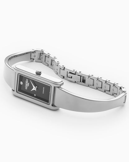 Elegance diamond 17x32mm Quartz Two-Hand Metallic Gun Dial Silver Bracelet Sapphire antireflection glass  Stainless Steel swiss watch