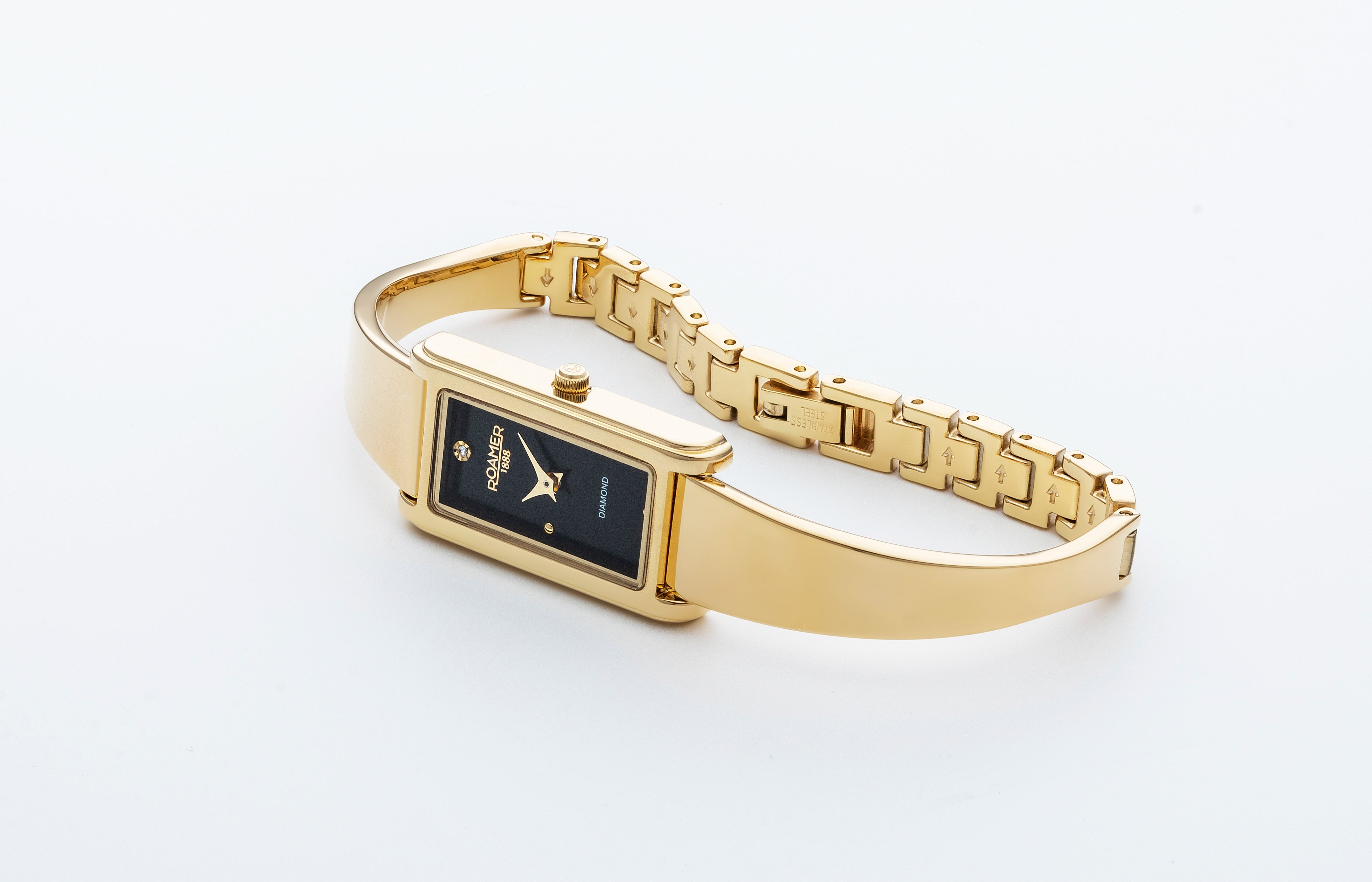 Elegance diamond 17x32mm Quartz Two-Hand Black Dial Gold Tone Bracelet Sapphire antireflection glass  Stainless Steel swiss watch