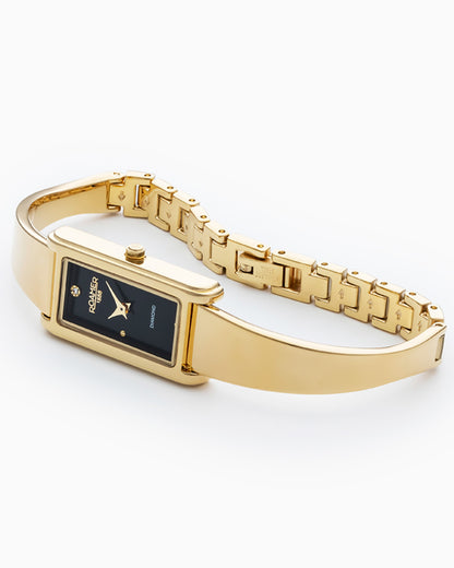 Elegance diamond 17x32mm Quartz Two-Hand Black Dial Gold Tone Bracelet Sapphire antireflection glass  Stainless Steel swiss watch