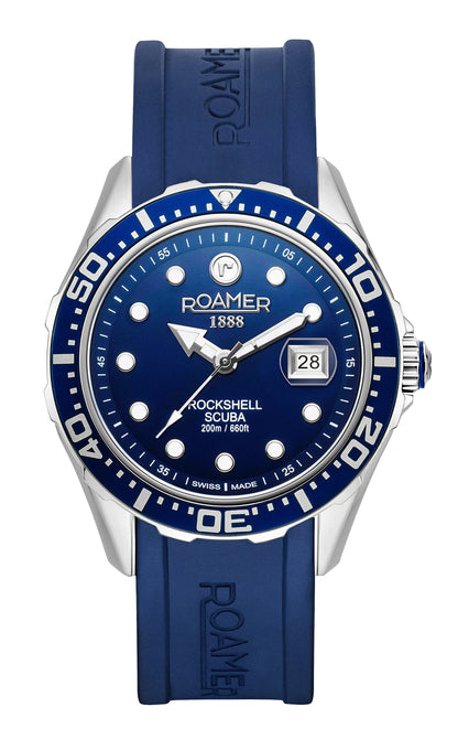 Rockshell Mark III Scuba 45mm Quartz Three-Hand Date Blue Dial Turning Bezel Blue Rubber Strap Sapphire glass Stainless Steel swiss watch
