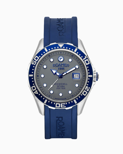Rockshell Mark III Scuba 45mm Quartz Three-Hand Date Grey Dial Turning Bezel Blue Rubber Strap Sapphire glass Stainless Steel swiss watch