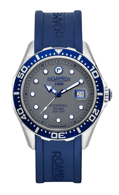 Rockshell Mark III Scuba 45mm Quartz Three-Hand Date Grey Dial Turning Bezel Blue Rubber Strap Sapphire glass Stainless Steel swiss watch