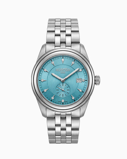 Vespera Diamond 41 mm Quartz Two-Hand Date Turquoise Sunray Dial Silver Tone Bracelet Sapphire Glass Stainless Steel Swiss Watch