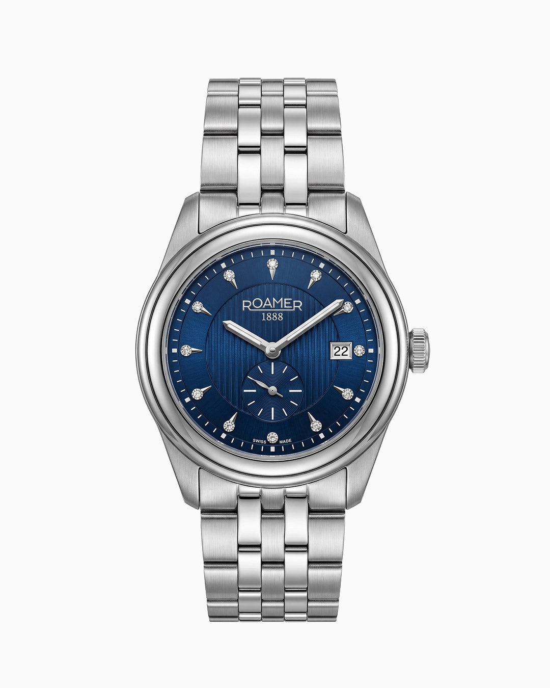 Vespera Diamond 41 mm Quartz Two-Hand Date Blue Sunray Dial Silver Tone Bracelet Sapphire Glass Stainless Steel Swiss Watch