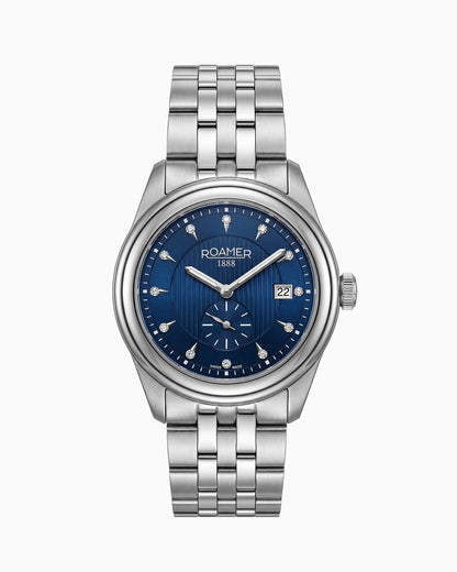 Vespera Diamond 41 mm Quartz Two-Hand Date Blue Sunray Dial Silver Tone Bracelet Sapphire Glass Stainless Steel Swiss Watch