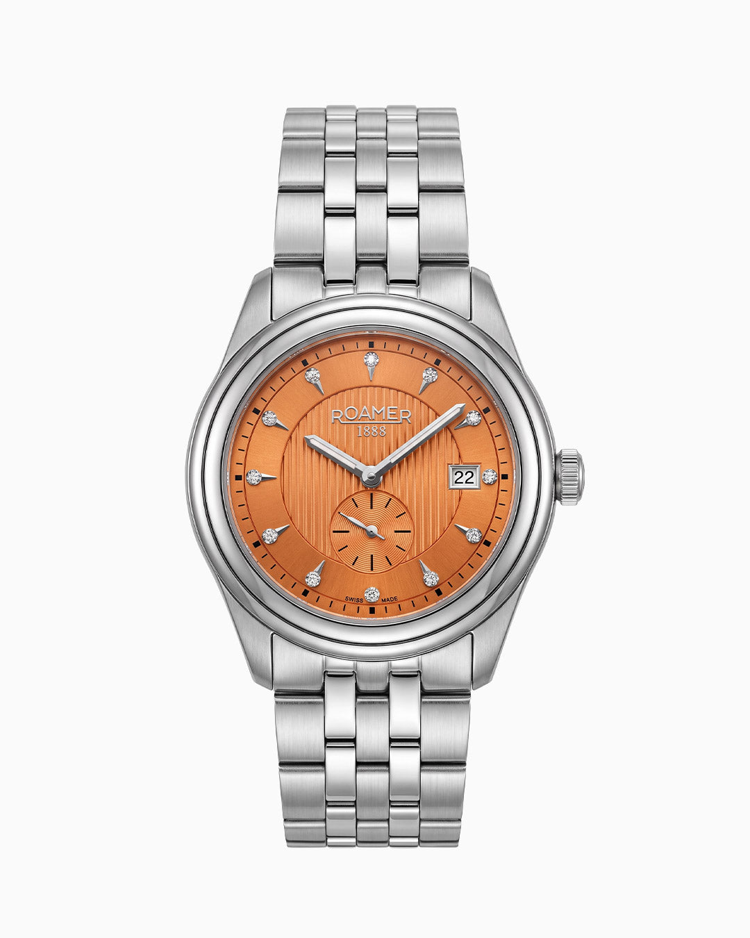 Vespera Diamond 41 mm Quartz Two-Hand Date Orange Sunray Dial Silver Tone Bracelet Sapphire Glass Stainless Steel Swiss Watch