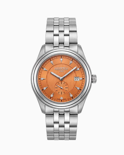 Vespera Diamond 41 mm Quartz Two-Hand Date Orange Sunray Dial Silver Tone Bracelet Sapphire Glass Stainless Steel Swiss Watch