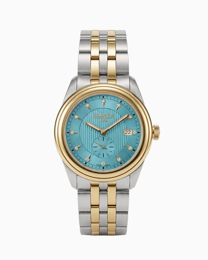 Vespera Diamond 41 mm Quartz Two-Hand Date Turquoise Sunray Dial Two-Tone Bracelet Sapphire Glass Stainless Steel Swiss Watch