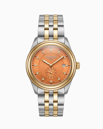 Vespera Diamond 41 mm Quartz Two-Hand Date Orange Sunray Dial Two-Tone Bracelet Sapphire Glass Stainless Steel Swiss Watch