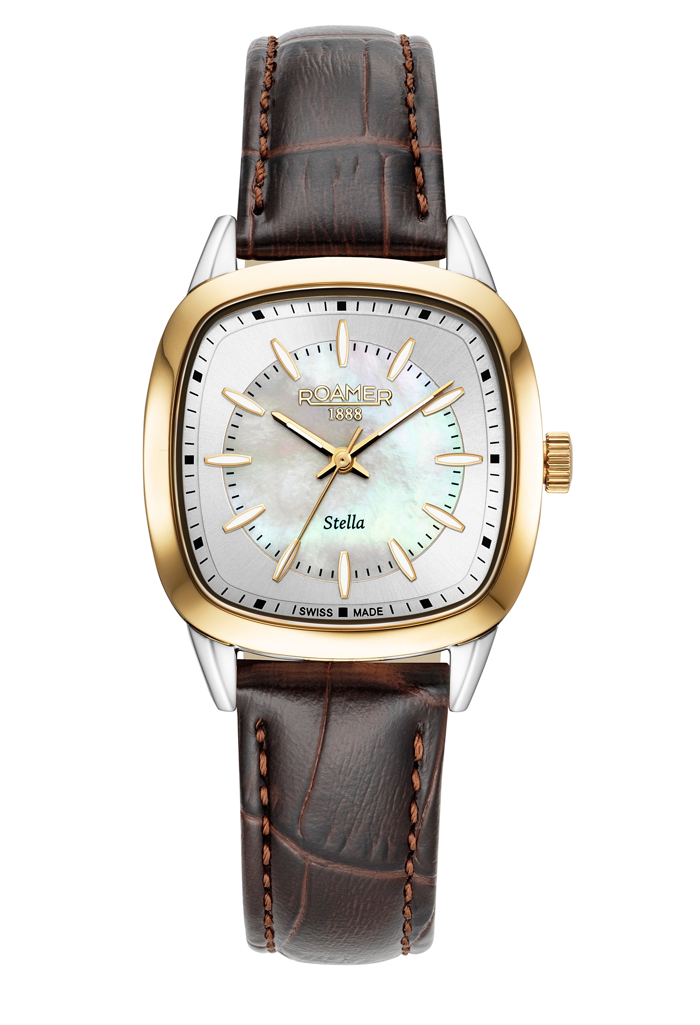 Stella 32.5mm Quartz Three-Hand White Mop Dial  Brown Leather Bracelet Sapphire antireflection glass  Stainless Steel swiss watch