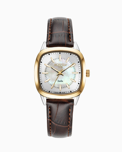 Stella 32.5mm Quartz Three-Hand White Mop Dial  Brown Leather Bracelet Sapphire antireflection glass  Stainless Steel swiss watch