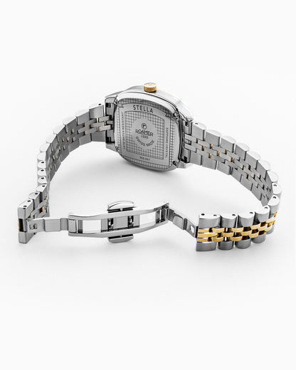 Stella 32.5mm Quartz Three-Hand White Mop Dial Gold-Silver Tone Bracelet Sapphire antireflection glass Stainless Steel swiss watch