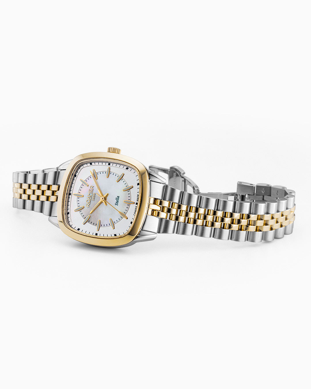 Stella 32.5mm Quartz Three-Hand White Mop Dial Gold-Silver Tone Bracelet Sapphire antireflection glass Stainless Steel swiss watch