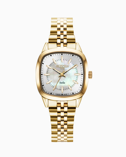 Stella 32.5mm Quartz Three-Hand White MOP Gold Bracelet Sapphire antireflection glass Stainless Steel swiss watch
