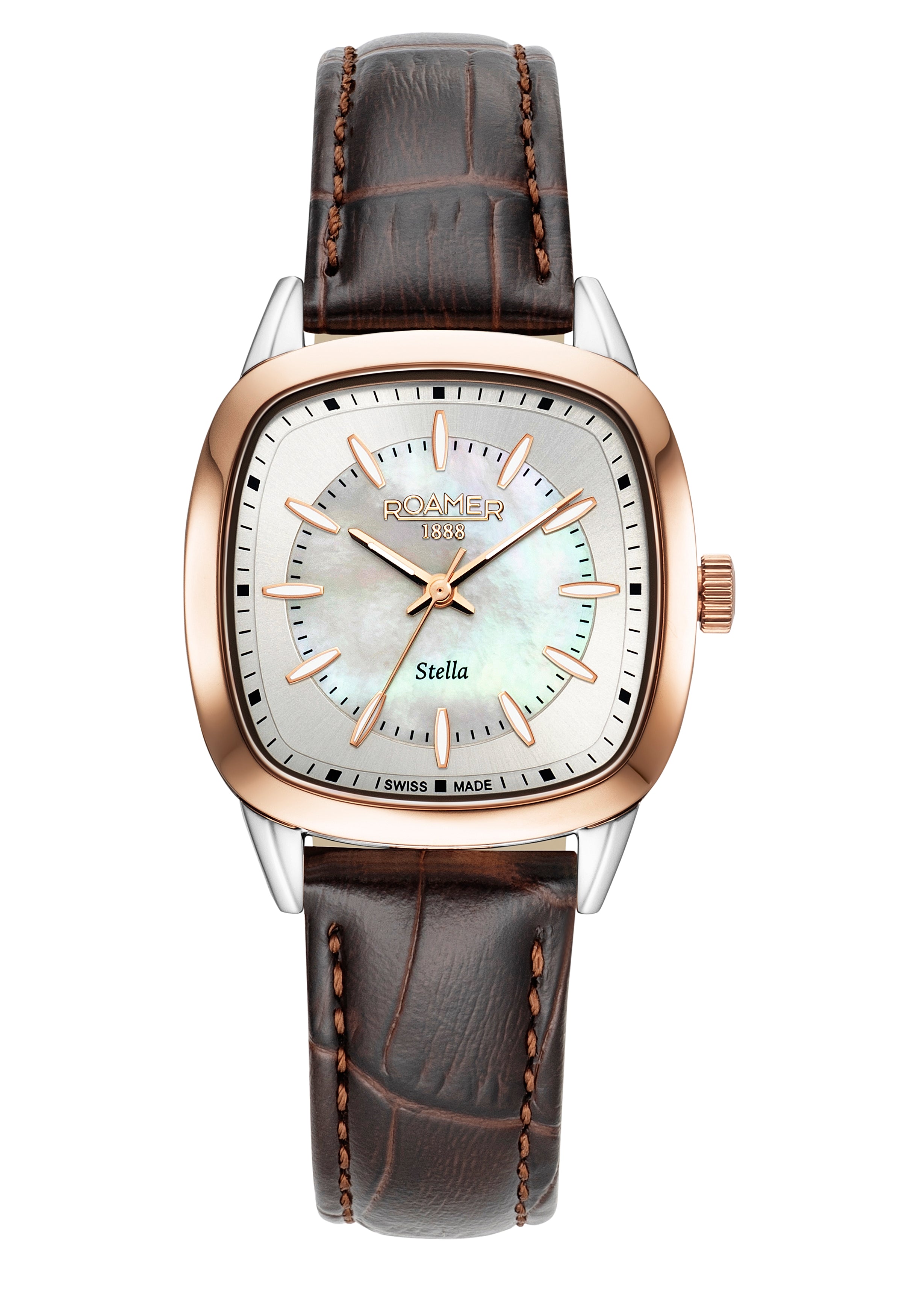 Stella 32.5mm Quartz Three-Hand White Mop Dial  Brown RoseGold Case Leather Bracelet Sapphire antireflection glass  Stainless Steel swiss watch