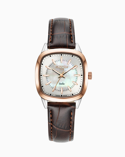Stella 32.5mm Quartz Three-Hand White Mop Dial RoseGold-Tone Case Brown Leather Bracelet Sapphire antireflection glass  Stainless Steel swiss watch