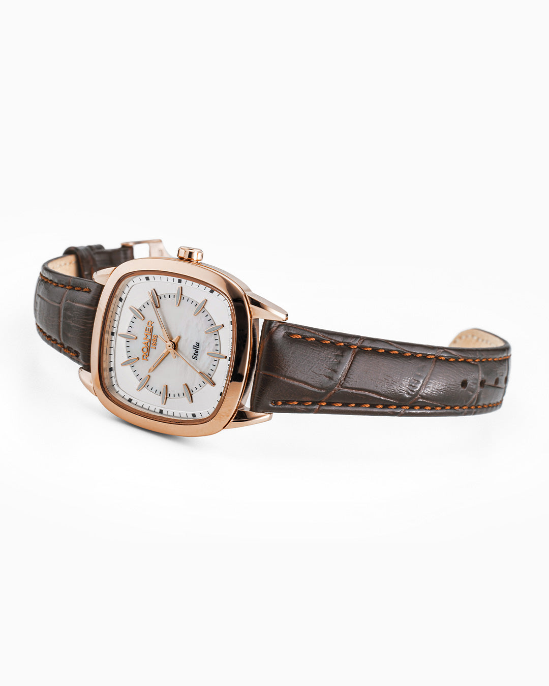 Stella 32.5mm Quartz Three-Hand White Mop Dial RoseGold-Tone Case Brown Leather Bracelet Sapphire antireflection glass  Stainless Steel swiss watch