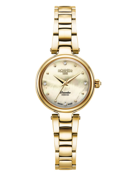 Dreamline Diamonds 28mm Quartz Three-Hand Champagne Dial Gold Bracelet Sapphire glass Stainless Steel swiss watch