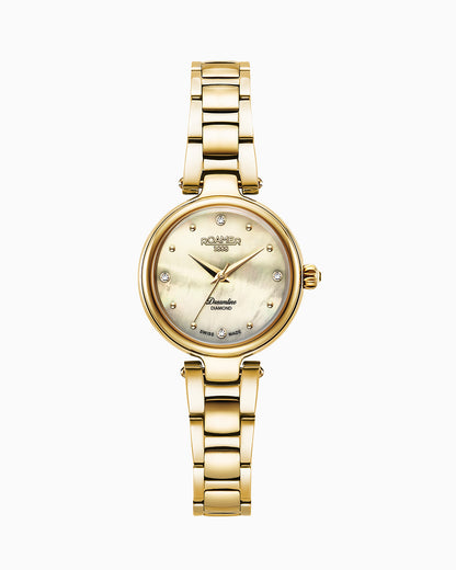 Dreamline Diamonds 28mm Quartz Three-Hand Champagne Dial Gold Bracelet Sapphire glass Stainless Steel swiss watch