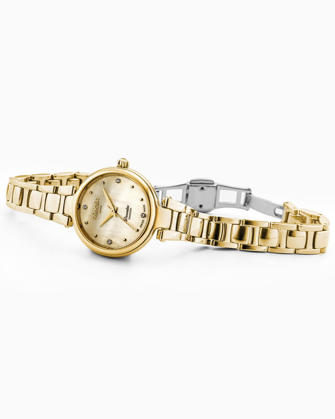 Dreamline Diamonds 28mm Quartz Three-Hand Champagne Dial Gold Bracelet Sapphire glass Stainless Steel swiss watch