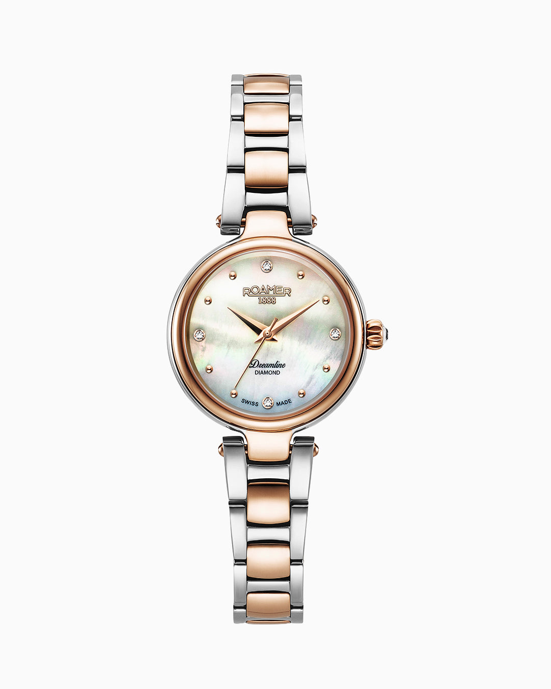 Dreamline Diamonds 28mm Quartz Three-Hand White Mop Dial RoseGold-Silver Tone Bracelet Sapphire glass Stainless Steel swiss watch