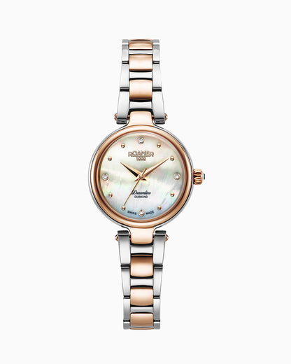 Dreamline Diamonds 28mm Quartz Three-Hand White Mop Dial RoseGold-Silver Tone Bracelet Sapphire glass Stainless Steel swiss watch