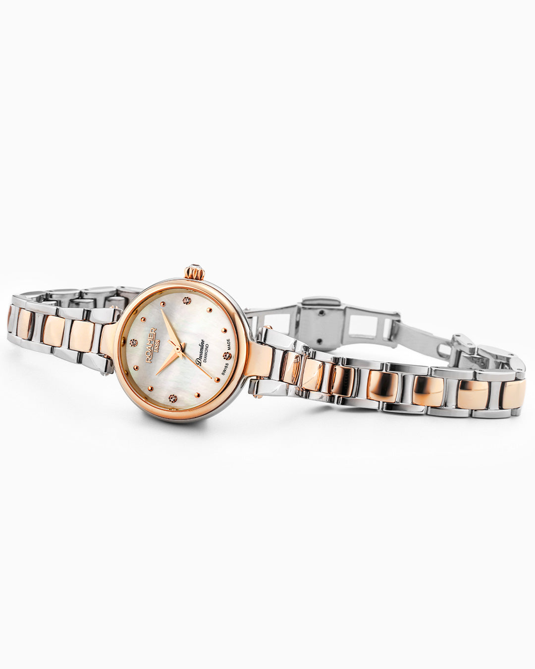 Dreamline Diamonds 28mm Quartz Three-Hand White Mop Dial RoseGold-Silver Tone Bracelet Sapphire glass Stainless Steel swiss watch