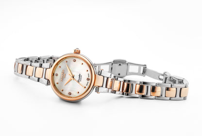 Dreamline Diamonds 28mm Quartz Three-Hand White Mop Dial RoseGold-Silver Tone Bracelet Sapphire glass Stainless Steel swiss watch