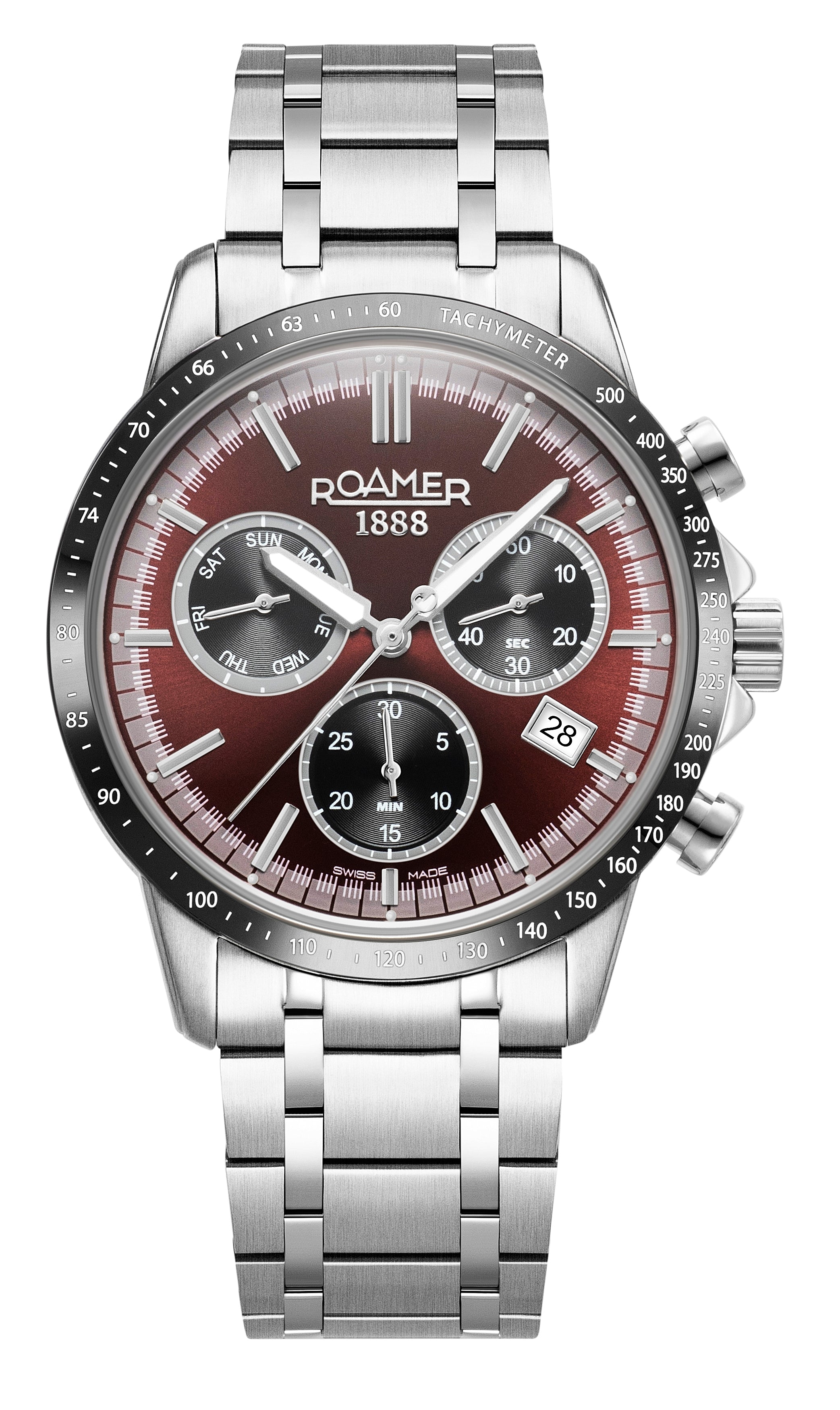 Mercury Chrono 43.5 mm Quartz Chronograph Date, small second Red Sunray Dial Silver Bracelet Sapphire glass Stainless Steel swiss watch