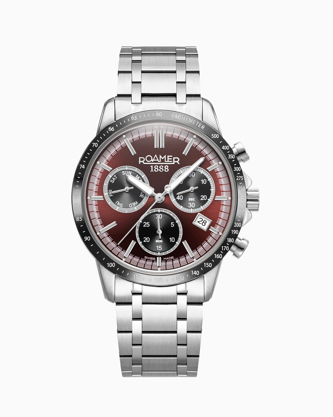 Mercury Chrono 43.5mm Quartz Chronograph Date, small second Red Sunray Dial Silver Bracelet Sapphire glass Stainless Steel swiss watch