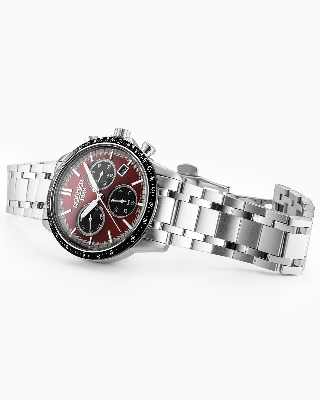 Mercury Chrono 43.5mm Quartz Chronograph Date, small second Red Sunray Dial Silver Bracelet Sapphire glass Stainless Steel swiss watch