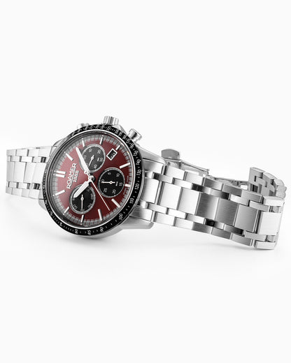 Mercury Chrono 43.5mm Quartz Chronograph Date, small second Red Sunray Dial Silver Bracelet Sapphire glass Stainless Steel swiss watch