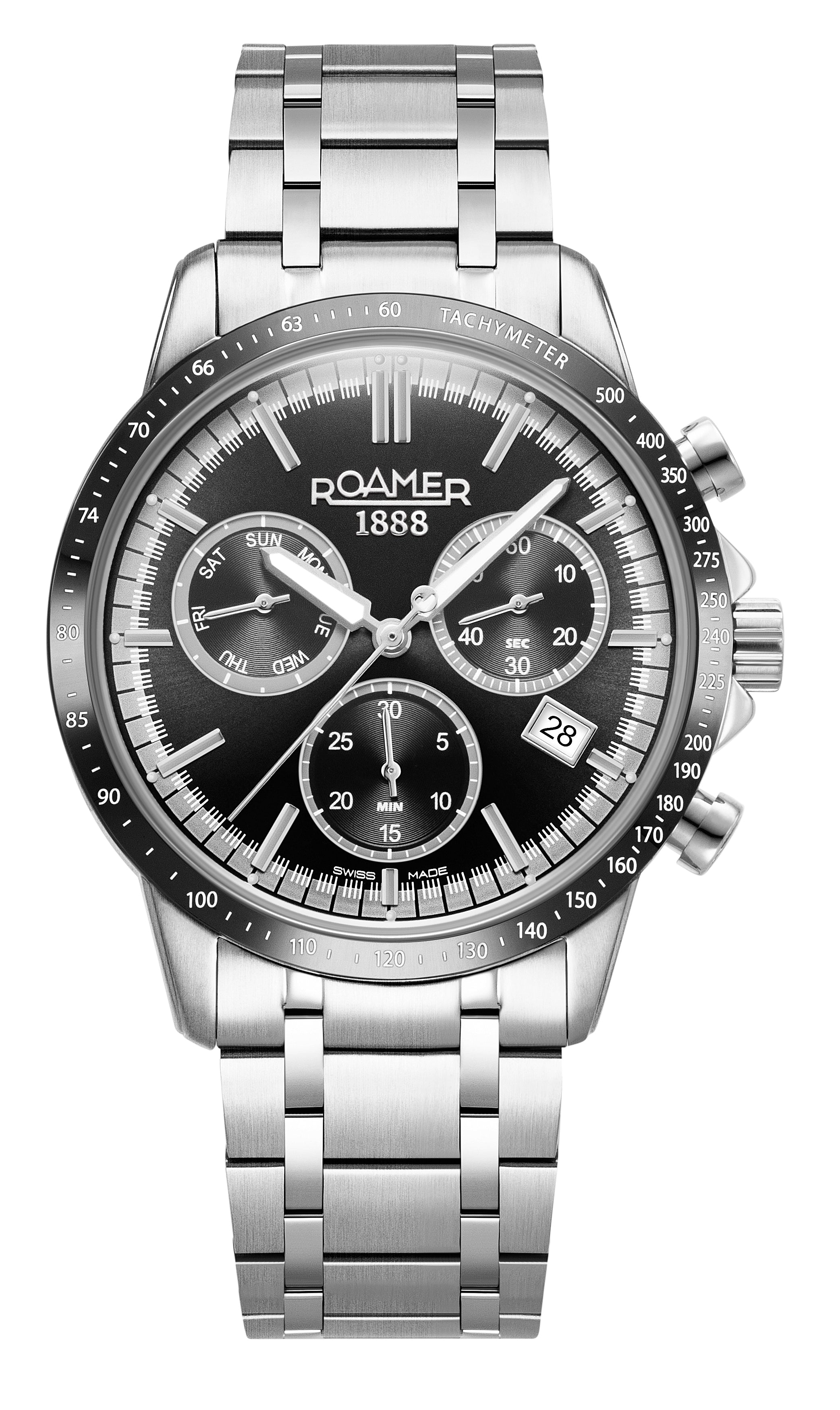 Mercury Chrono 43.5 mm Quartz Chronograph Date, small second Black Sunray Dial Silver Bracelet Sapphire glass Stainless Steel swiss watch