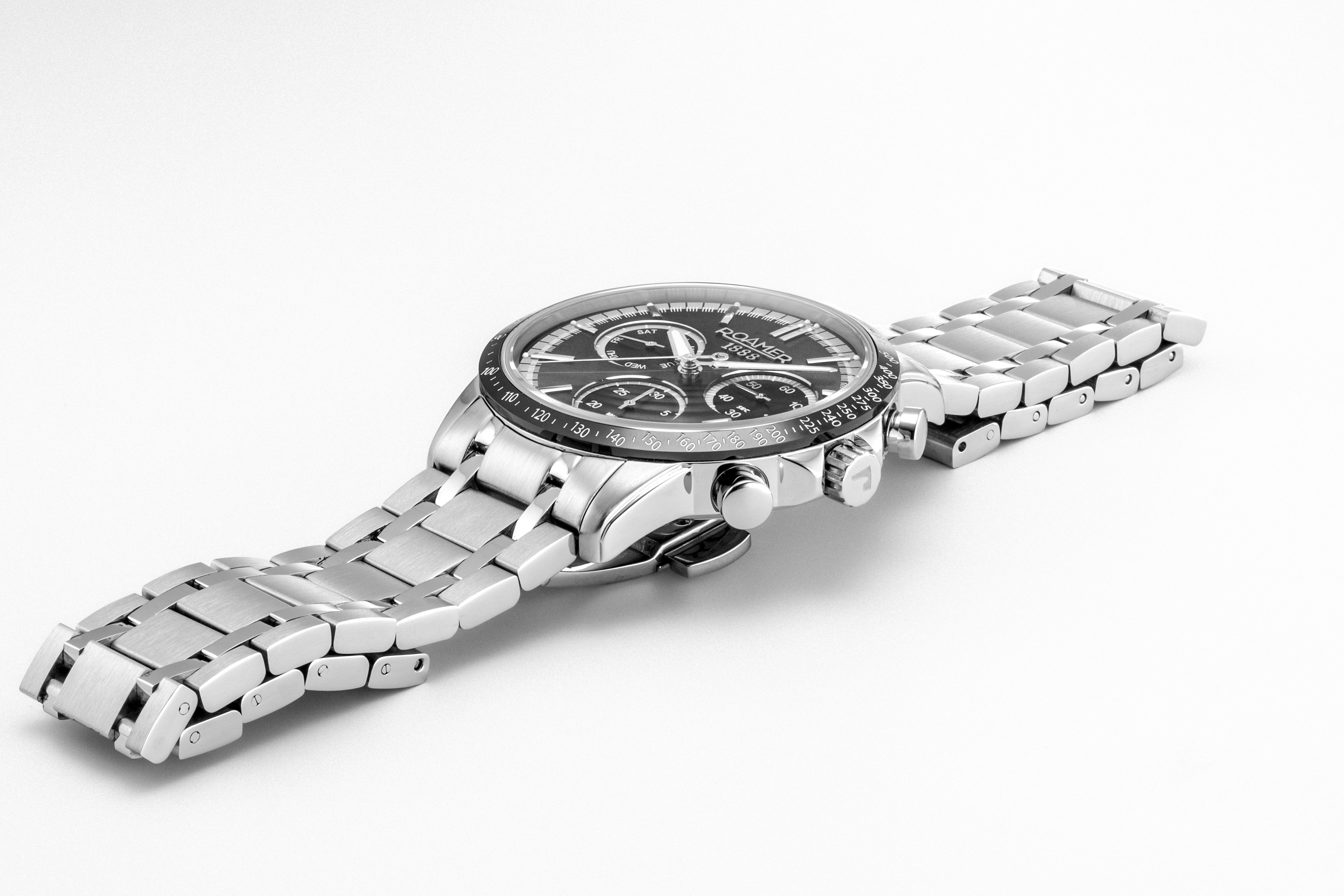 Mercury Chrono 43.5 mm Quartz Chronograph Date, small second Black Sunray Dial Silver Bracelet Sapphire glass Stainless Steel swiss watch