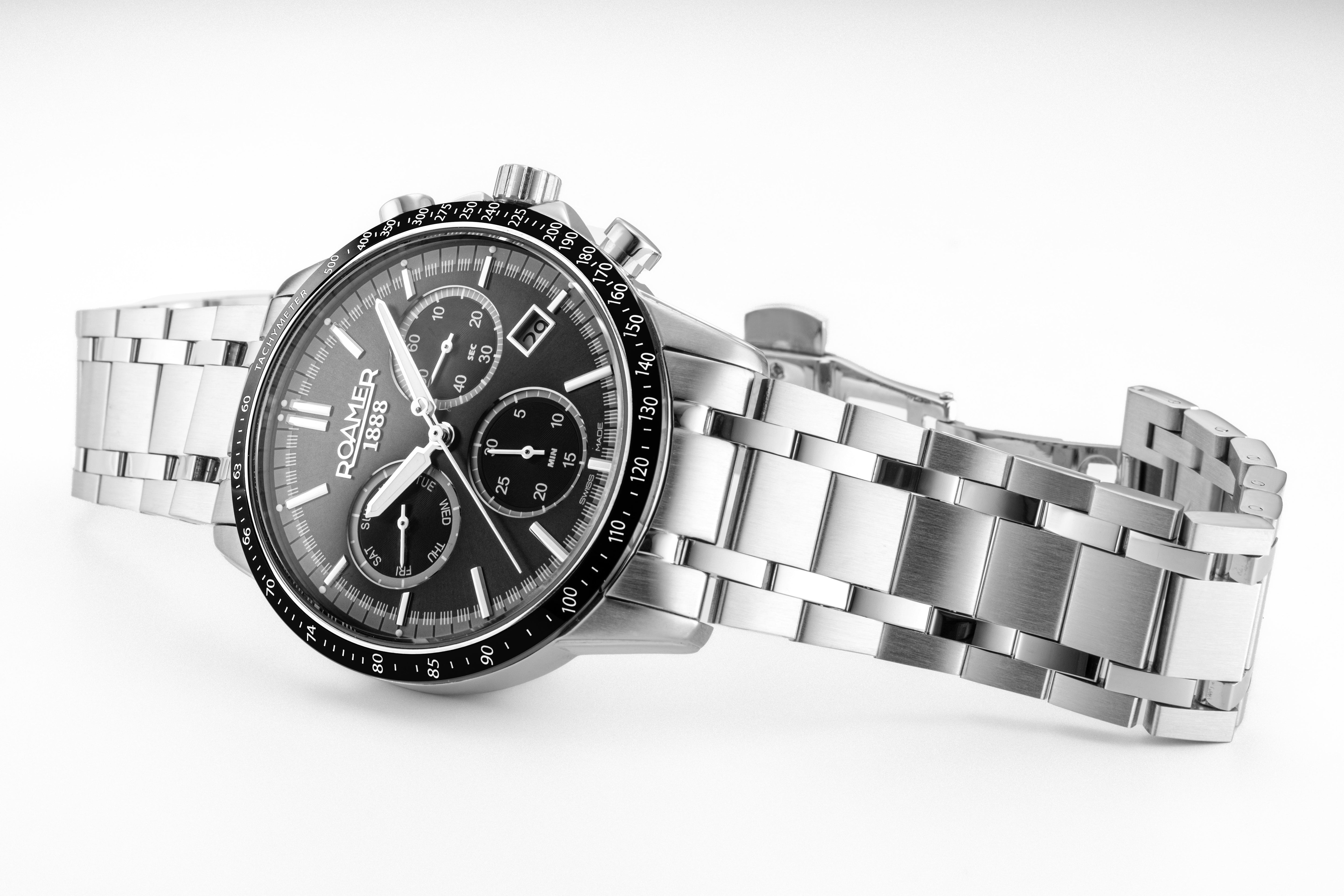 Mercury Chrono 43.5 mm Quartz Chronograph Date, small second Black Sunray Dial Silver Bracelet Sapphire glass Stainless Steel swiss watch
