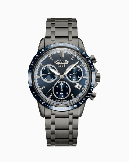 Mercury Chrono 43.5mm Quartz Chronograph Date, small second Blue Sunray Dial Gun color Bracelet Sapphire glass Stainless Steel swiss watch