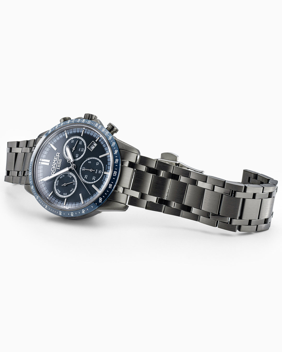 Mercury Chrono 43.5mm Quartz Chronograph Date, small second Blue Sunray Dial Gun color Bracelet Sapphire glass Stainless Steel swiss watch